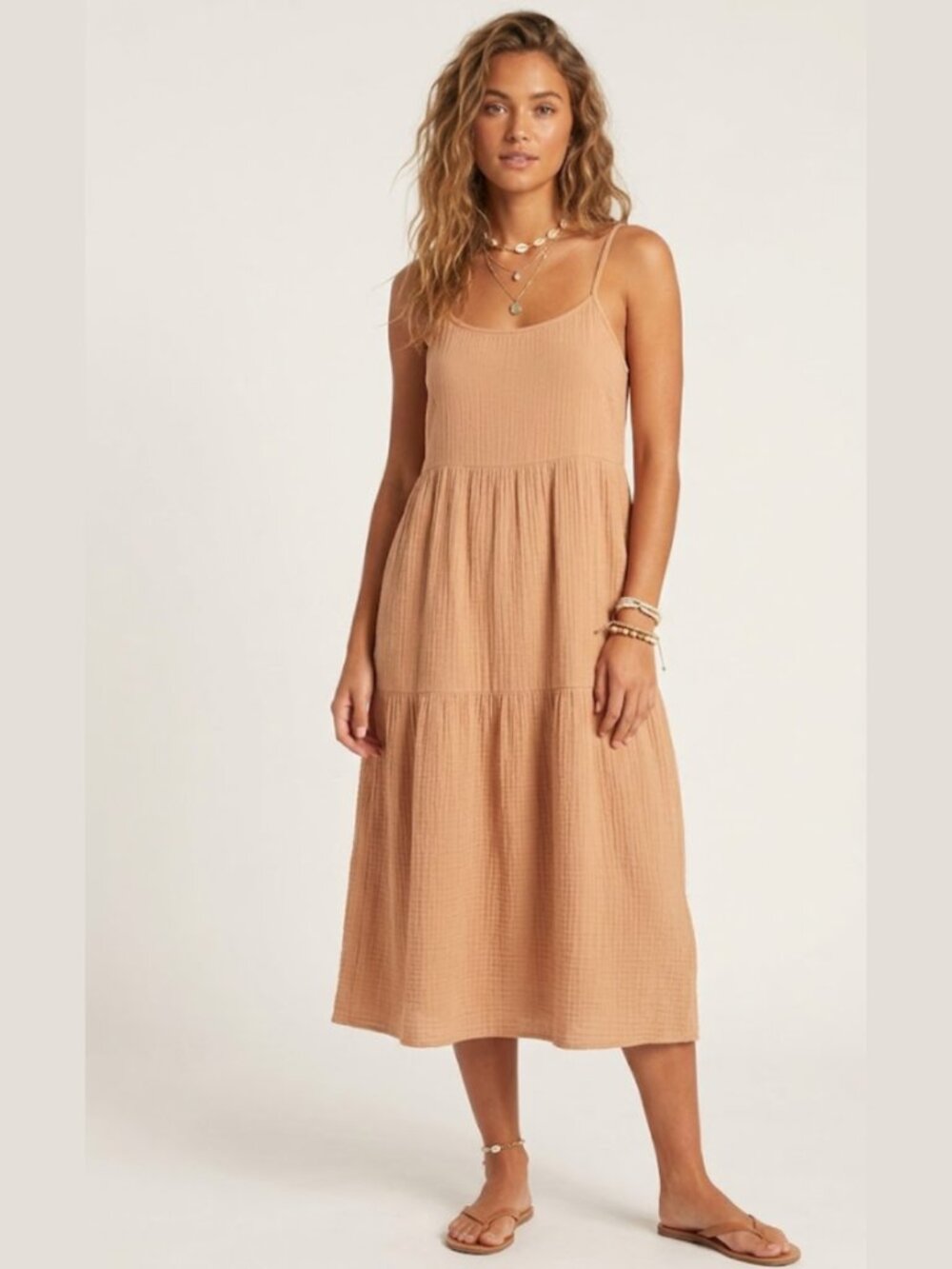 WILD SKYE Cotton Gauze Tan Tiered Midi Dress Sz XS Minimalist Boho Beachy Flowy